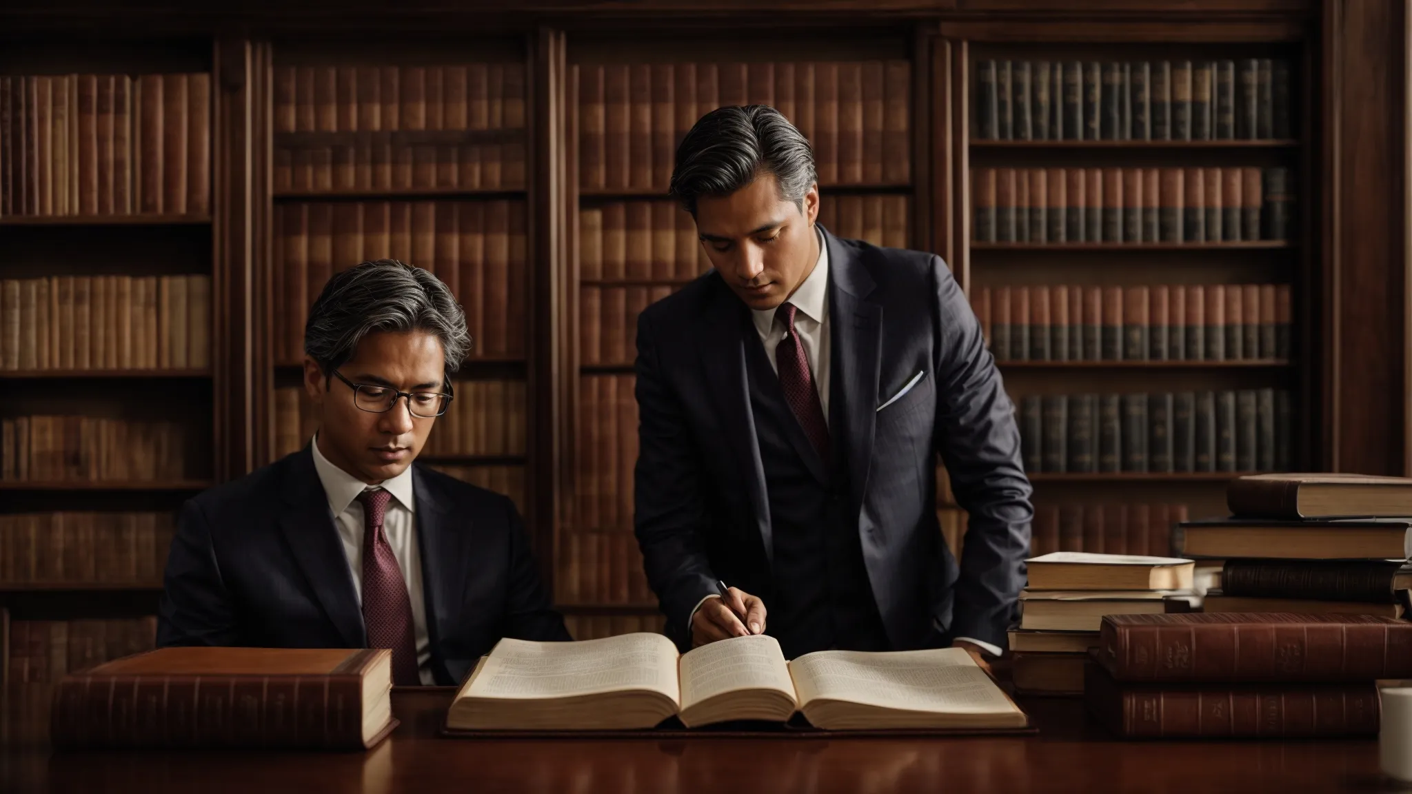 two attorneys are engaged in a thoughtful discussion in a law library, surrounded by volumes of legal tomes relevant to international arbitration concerning lex contractus