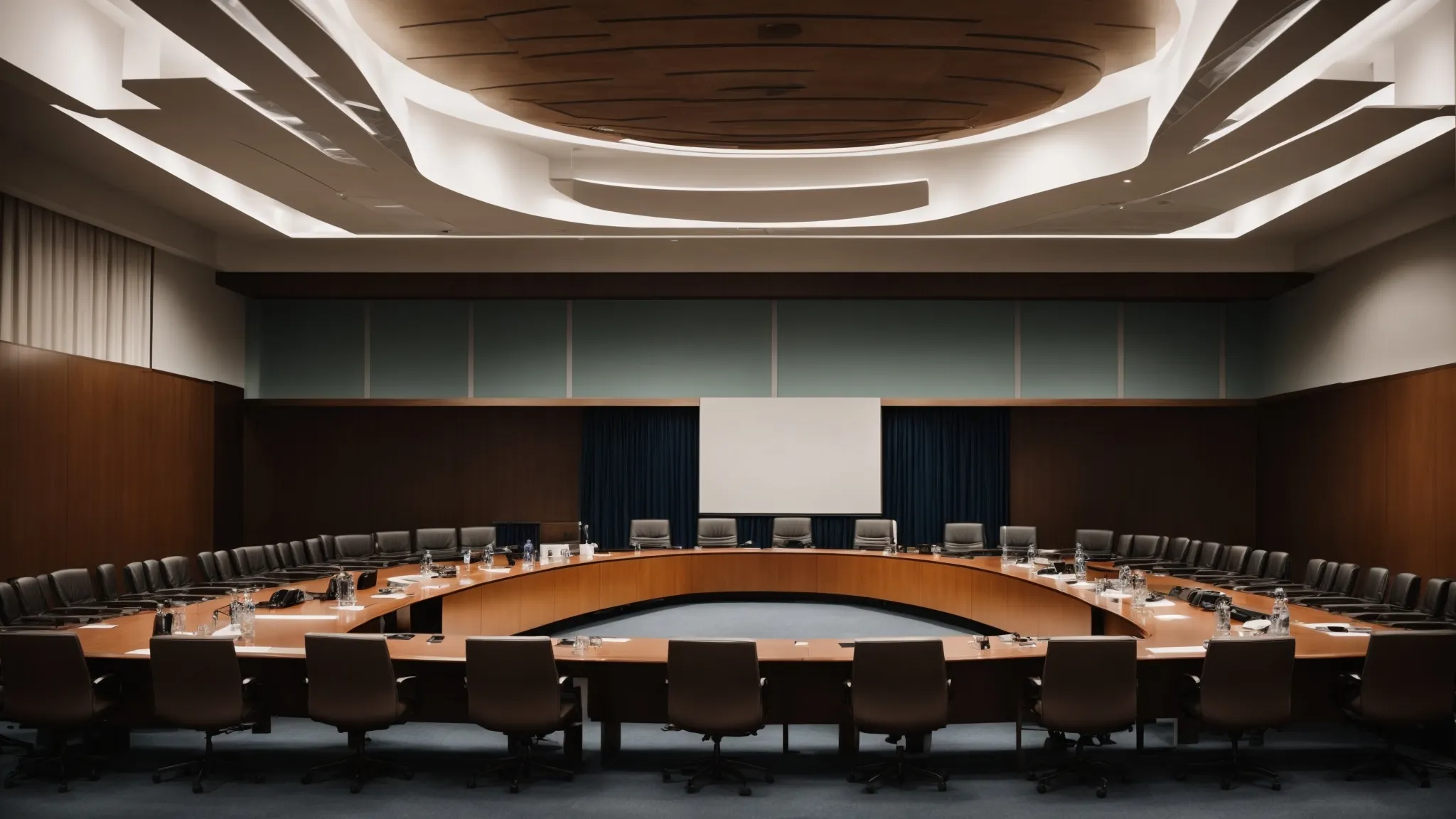 a formal international conference room with a large round table where delegates from various countries gather for a discussion on arbitration reform.