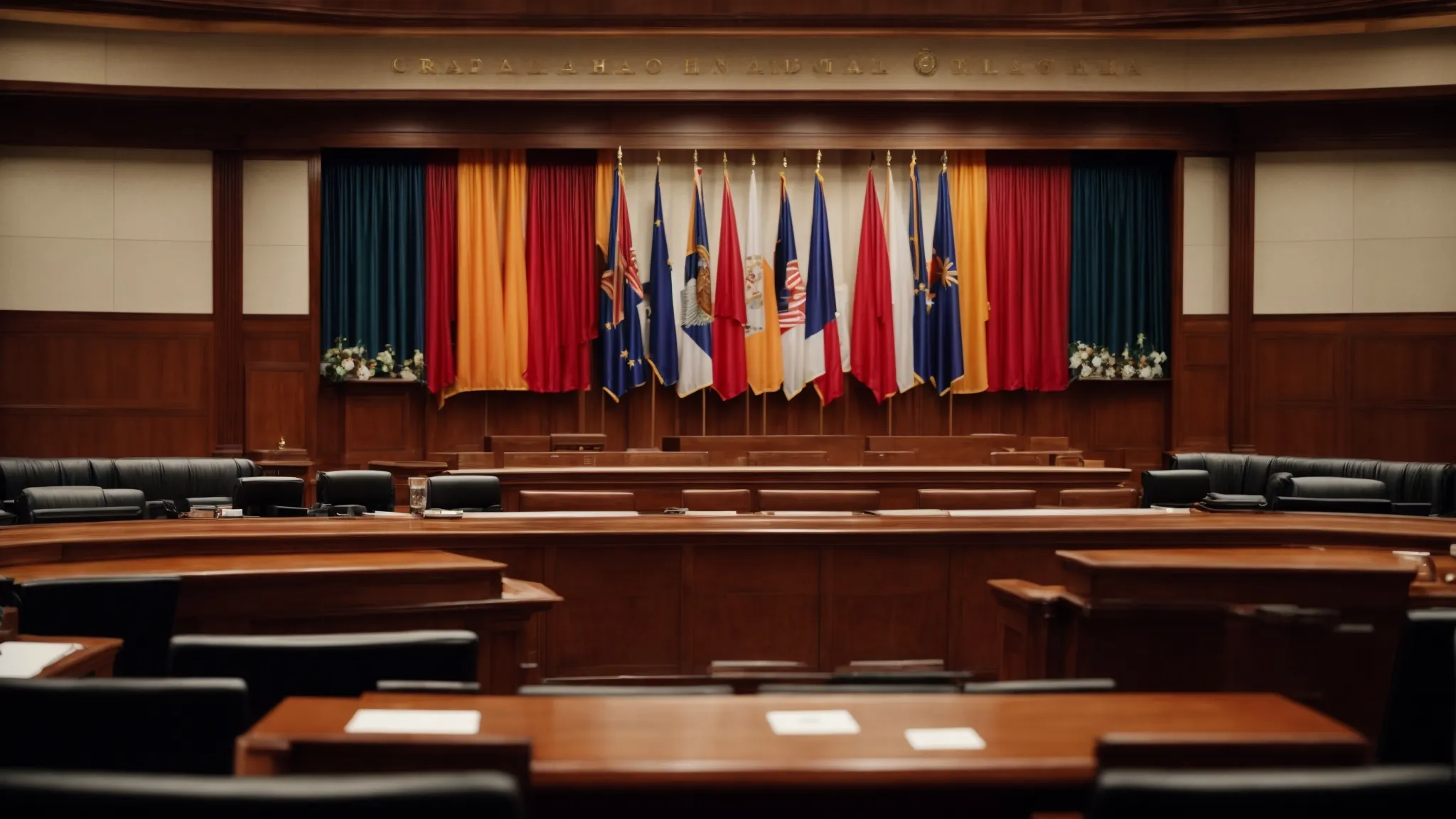 a grand courtroom with nation-state flags surrounding a central arbitration table where various legal professionals deliberate.