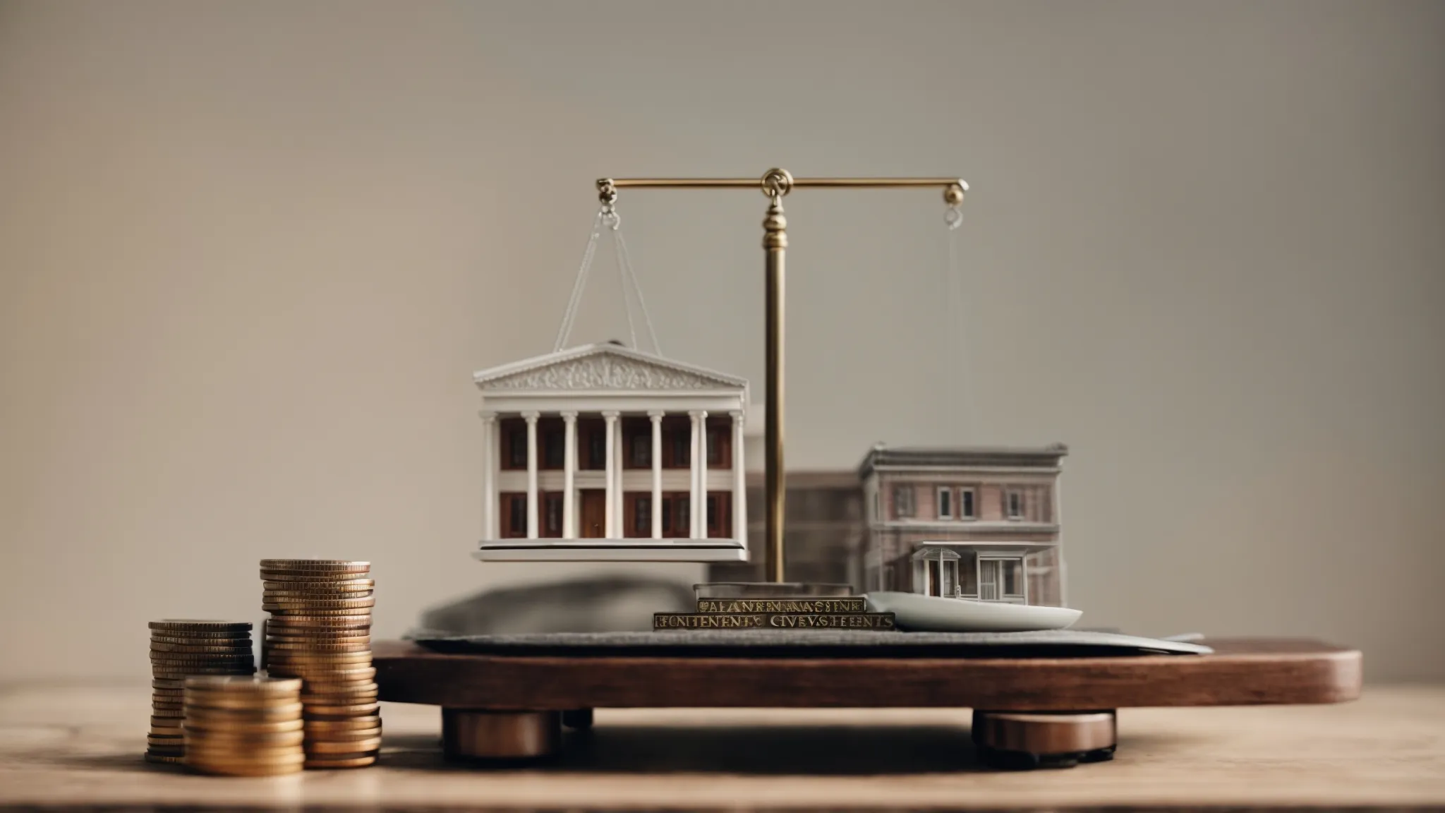 a balance scale with a miniature government building on one side and a bag of coins on the other, symbolizing the tension between state sovereignty and investor rights.