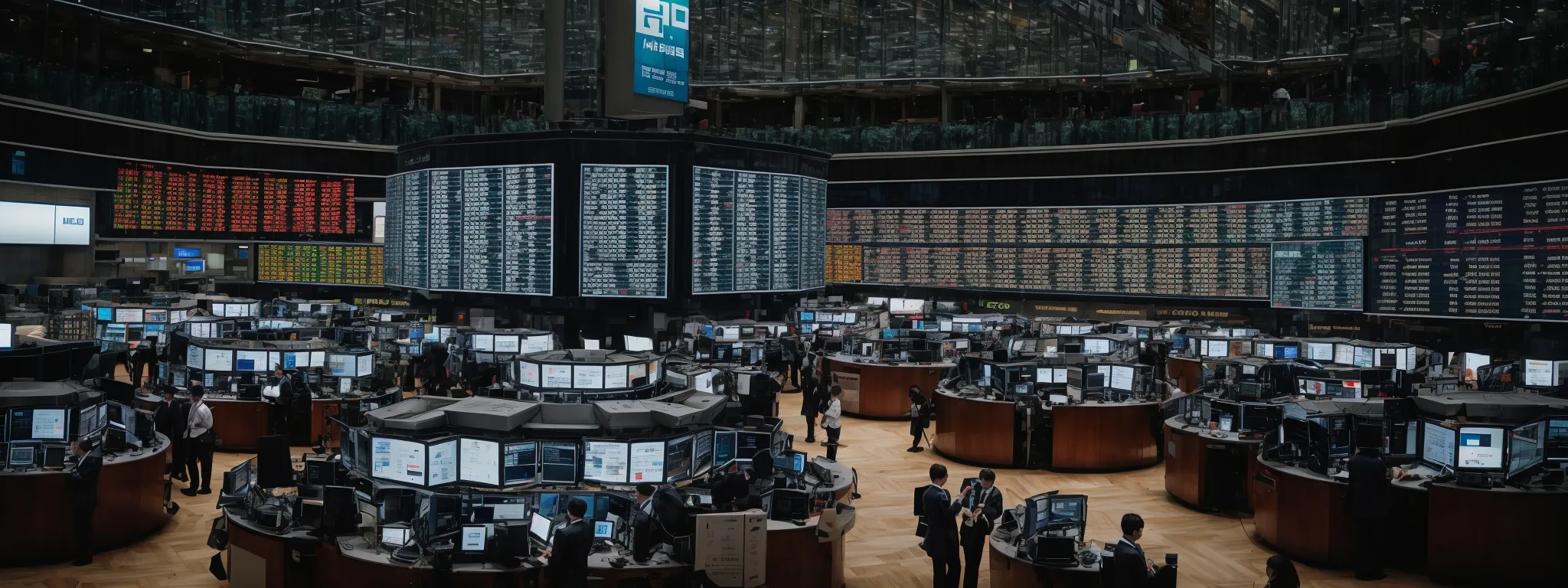 a bustling stock exchange floor with screens displaying international market data.