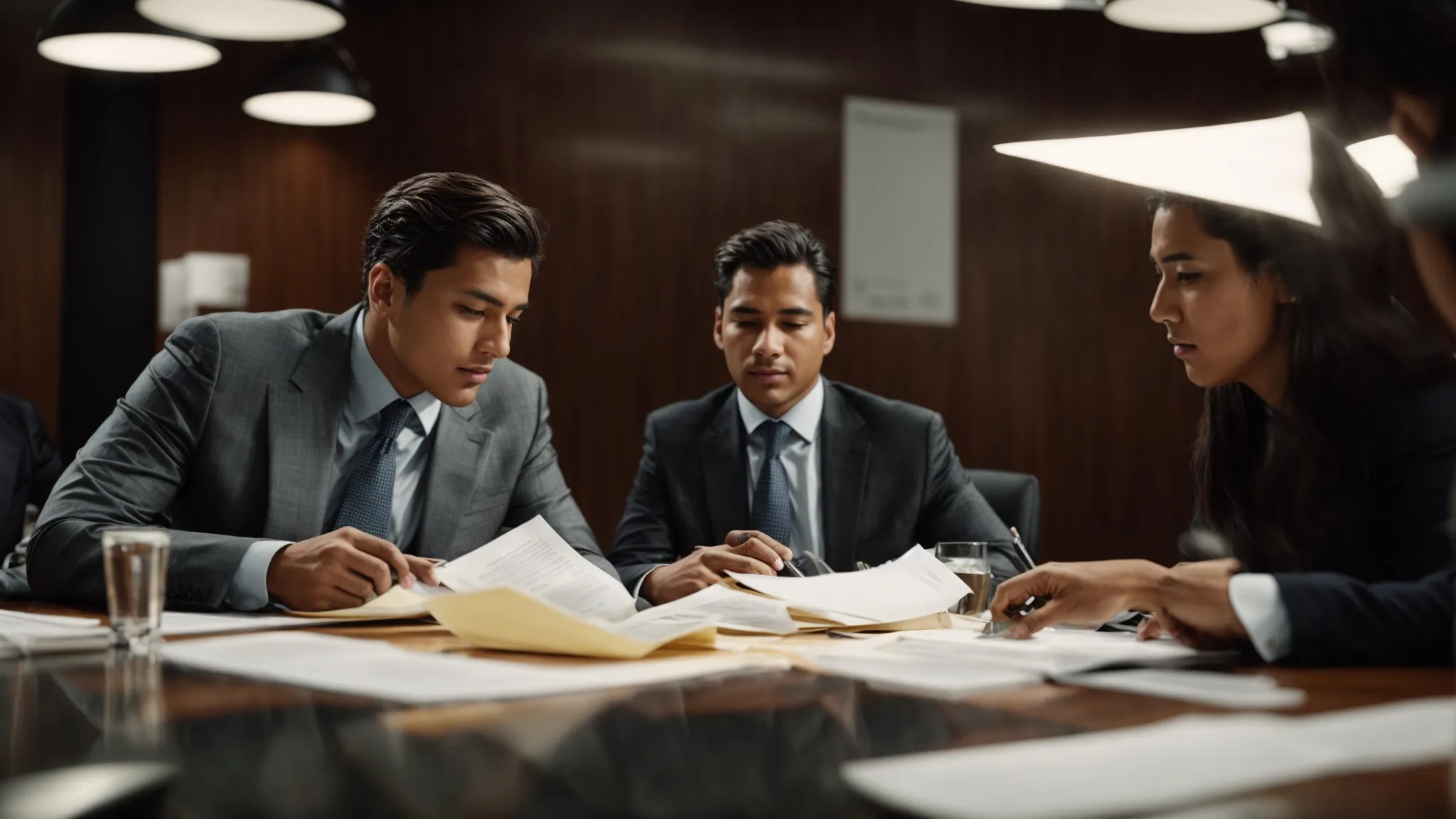 two professionals engaging in a heated discussion across a conference table with legal documents scattered about.