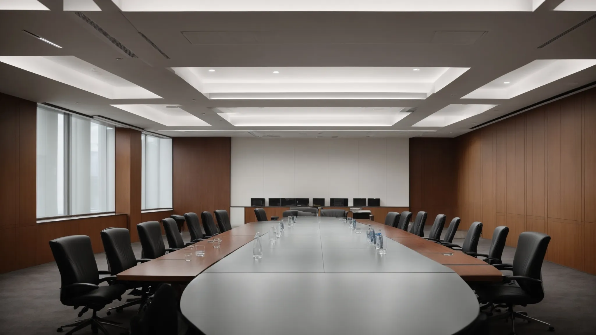 a modern conference room with a long table and chairs, staged for a discussion on international arbitration reforms.