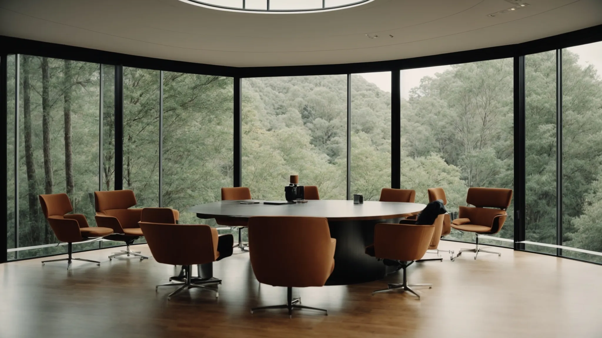 a tribunal panel engaged in a discussion framed by large windows overlooking a forested landscape.