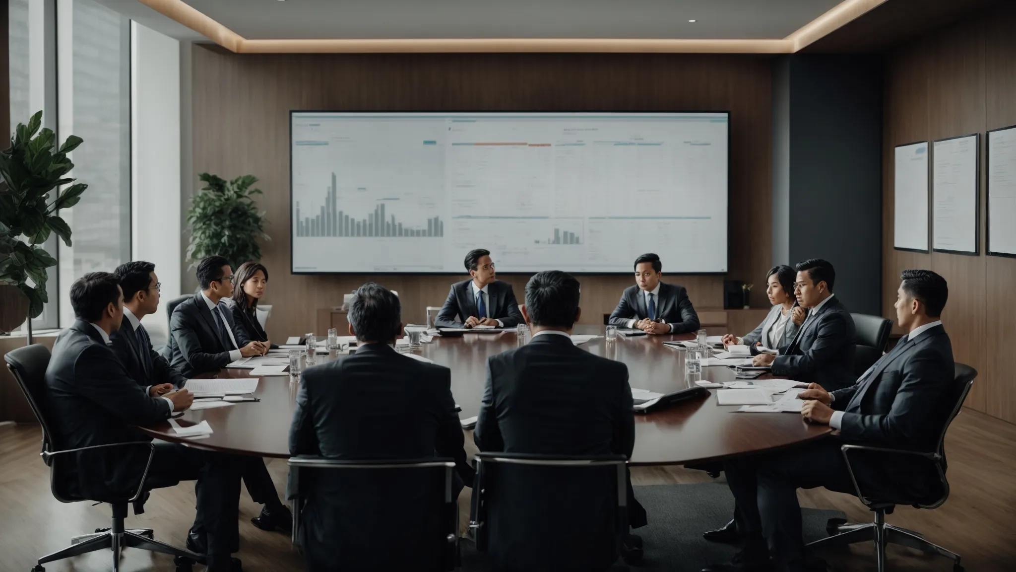 Group of serious investors in a corporate boardroom discussing investment treaty reform, with financial charts displayed on a screen, reflecting UNCITRAL and EU's roles in ISDS reform.