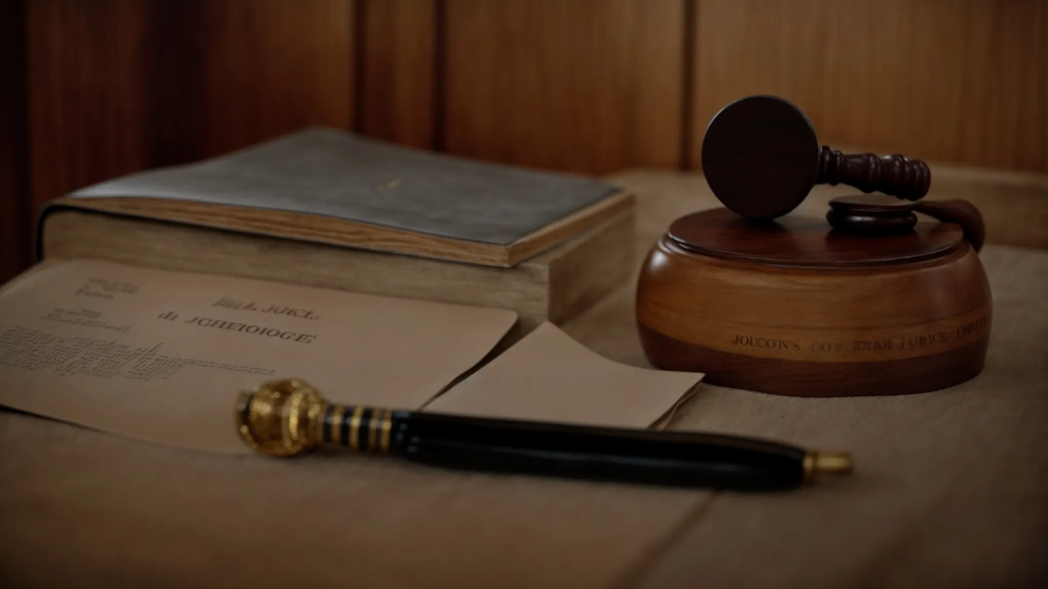a judge's gavel rests beside a scale of justice on a wooden courtroom desk.