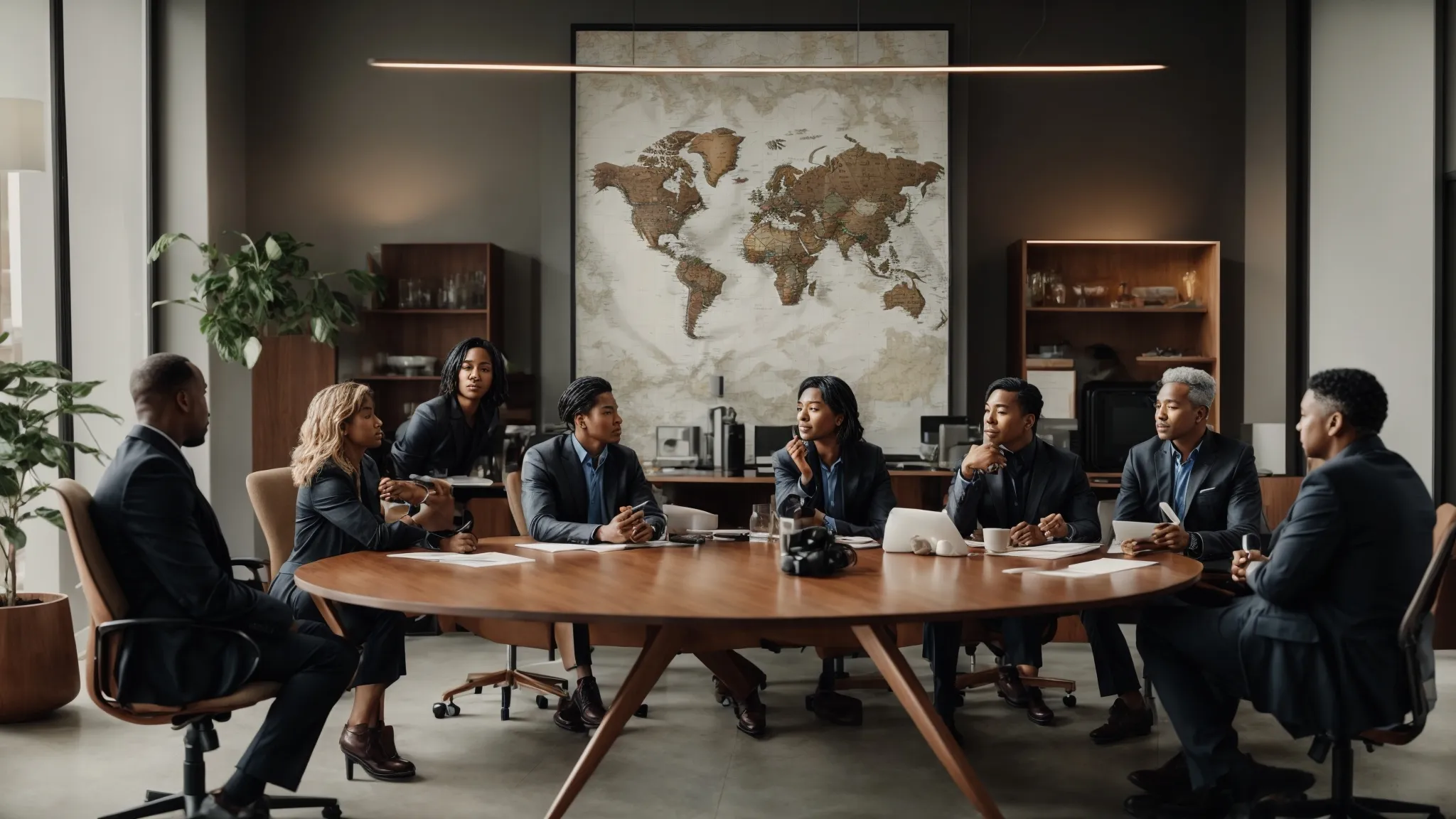 a diverse group of professionals gathers around a conference table, pointing at a world map and discussing strategic plans concerning ISDS Reform.