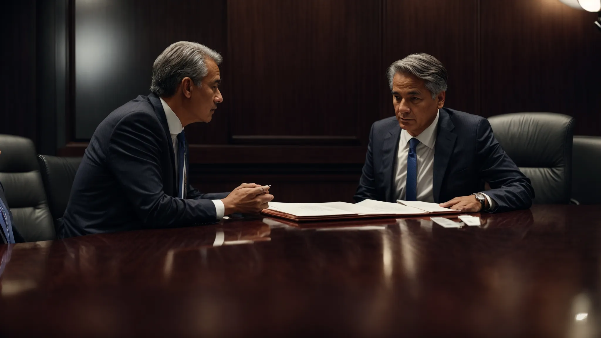two individuals—a government representative and a corporate executive—engage in a focused discussion across a conference table, embodying the debate between public policy and private interests within isds frameworks. Challenges on sovereignity.