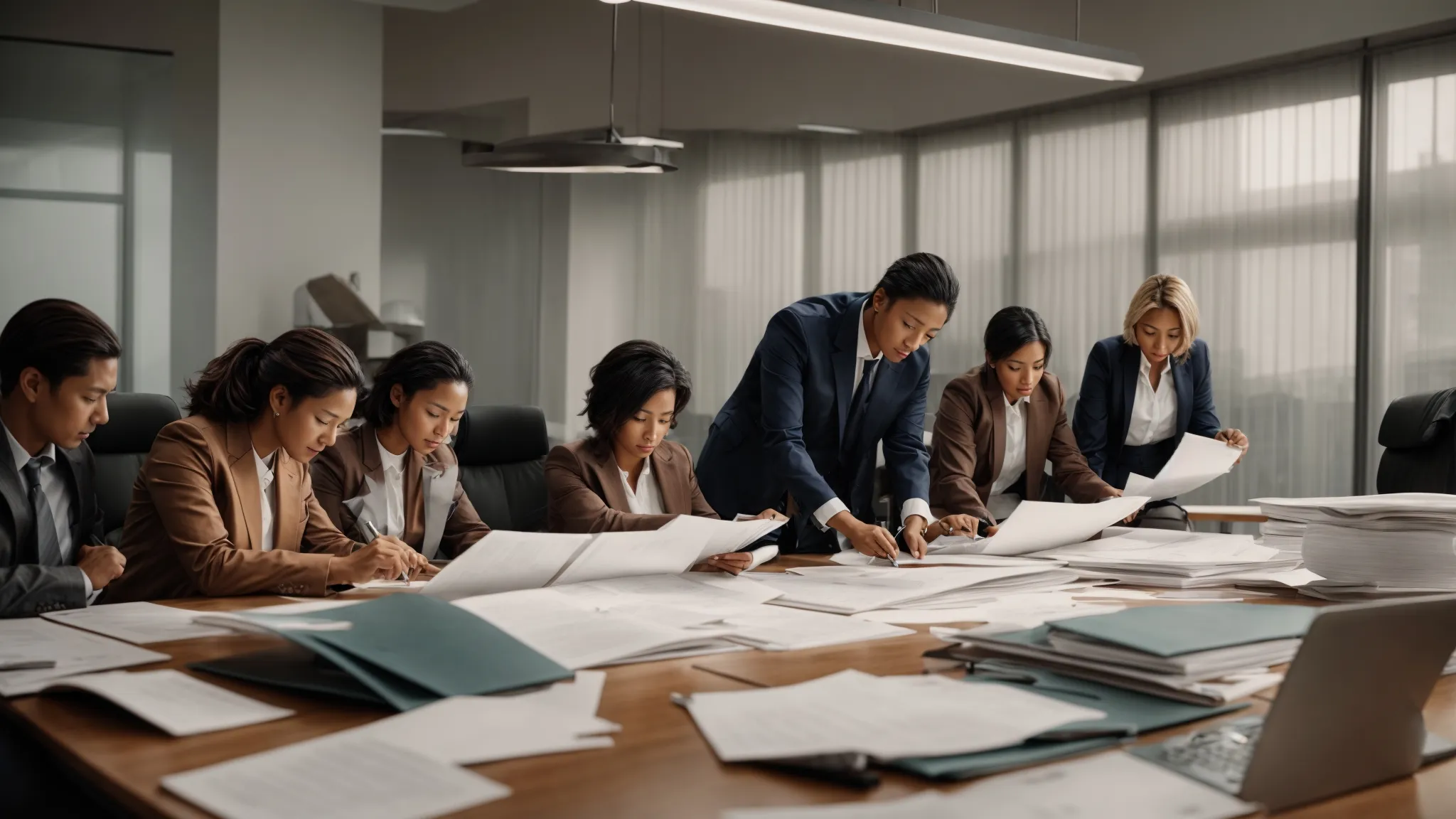 a team of professionals gathering around a conference table, scrutinizing a pile of documents.