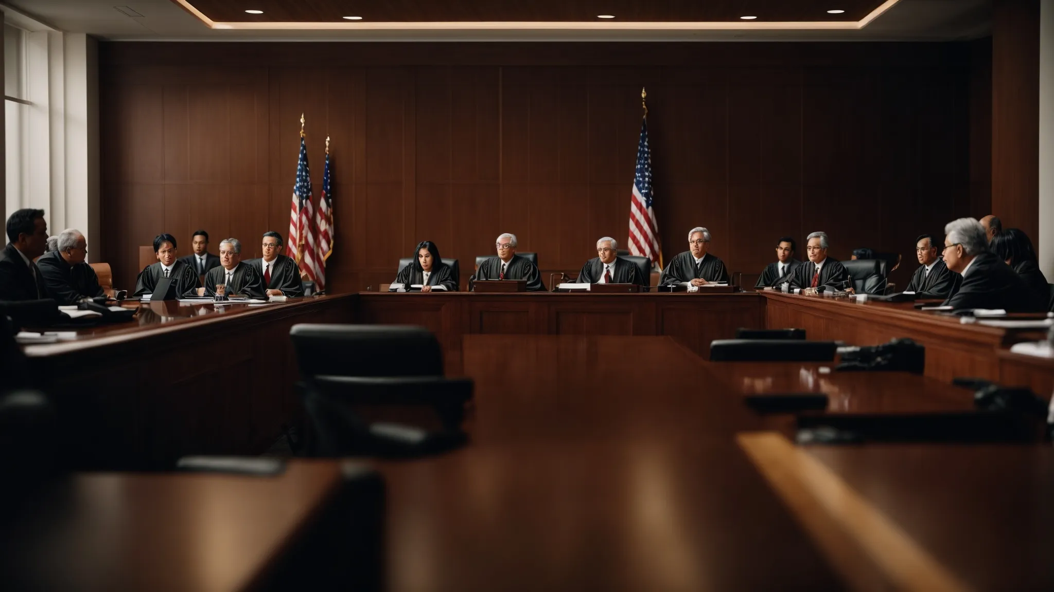 a courtroom with judges and legal professionals engaged in a significant arbitration session.