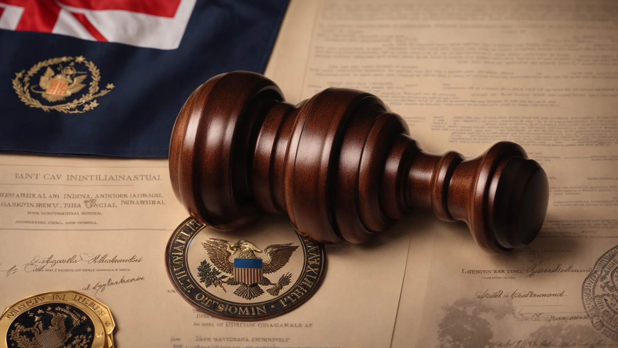 a gavel lies atop a legal document surrounded by official seals and international flags, symbolizing a court's authority in arbitration.
