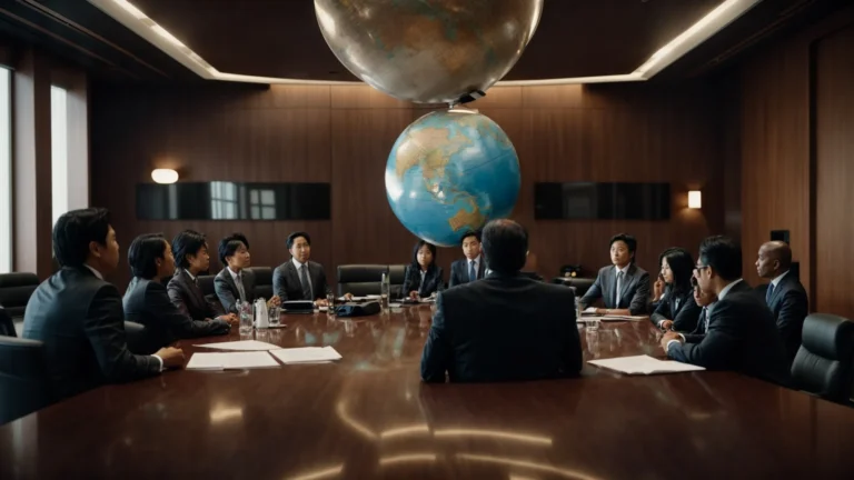 a multinational boardroom with diverse executives discussing over a globe and legal documents.