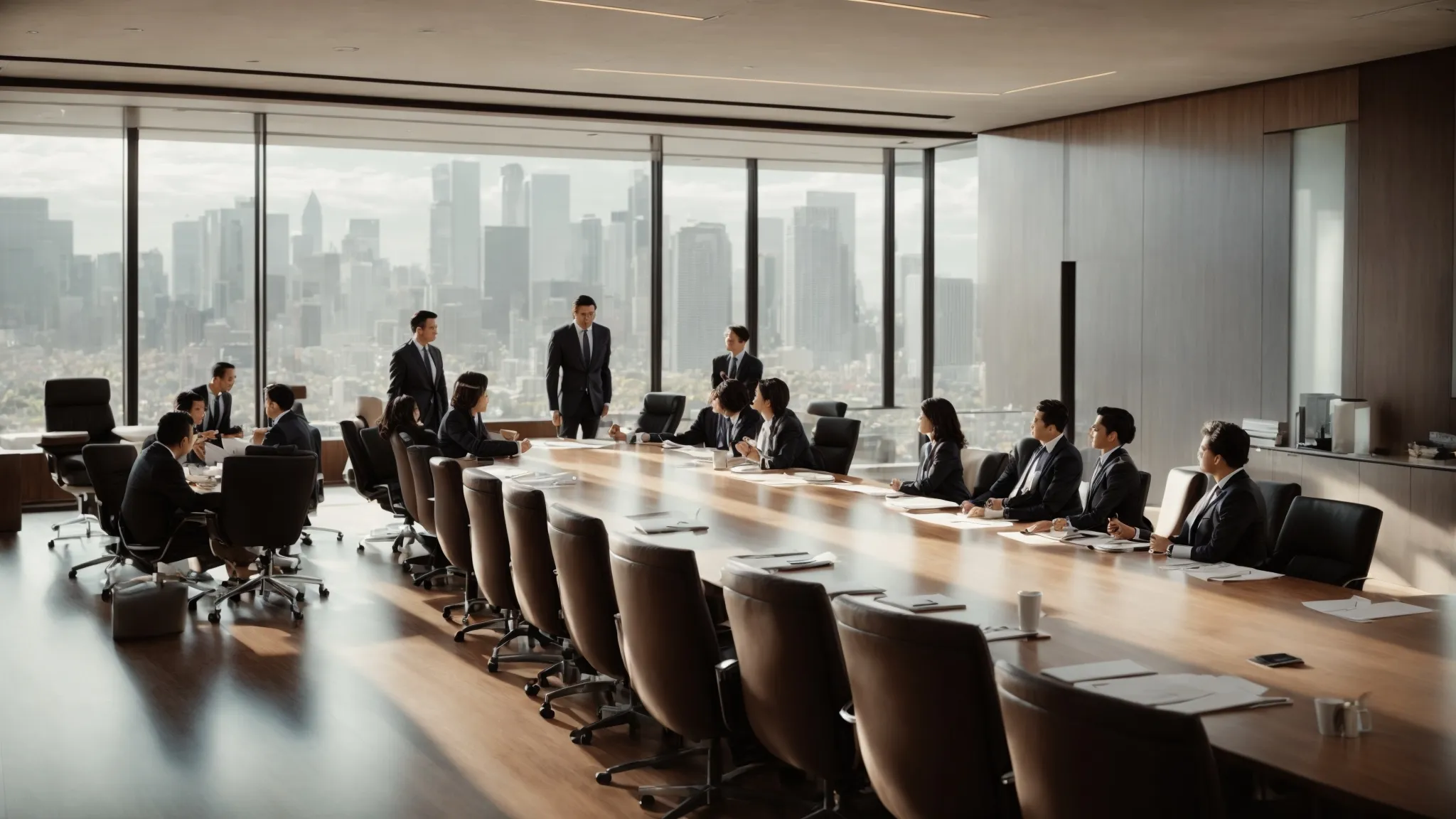 a high-level business meeting with executives discussing over documents on a large conference table.