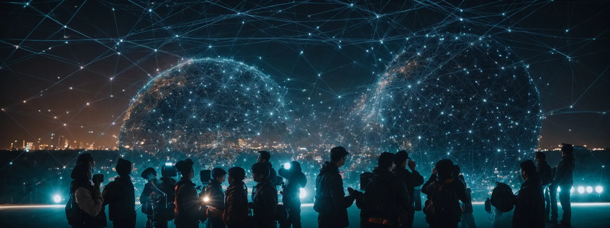 people shaking hands across a digital world map illuminated by network connections.