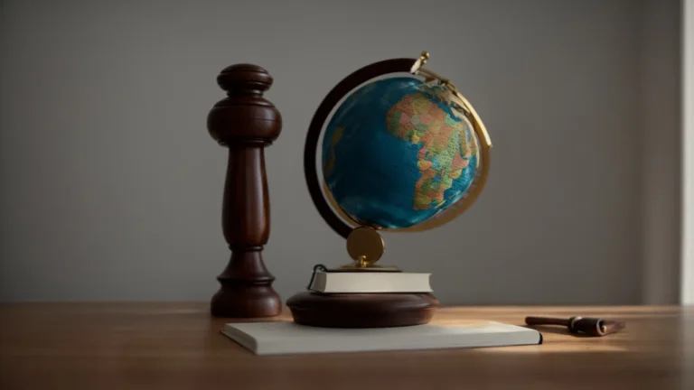 a gavel resting beside a globe on a table, symbolizing an international dispute resolution.