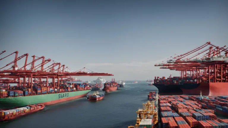 a busy port with cargo ships being loaded with containers under a clear sky.
