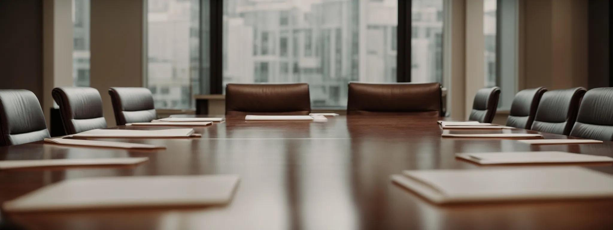 a boardroom table with empty chairs suggests a planning session for international intellectual property protection strategies.