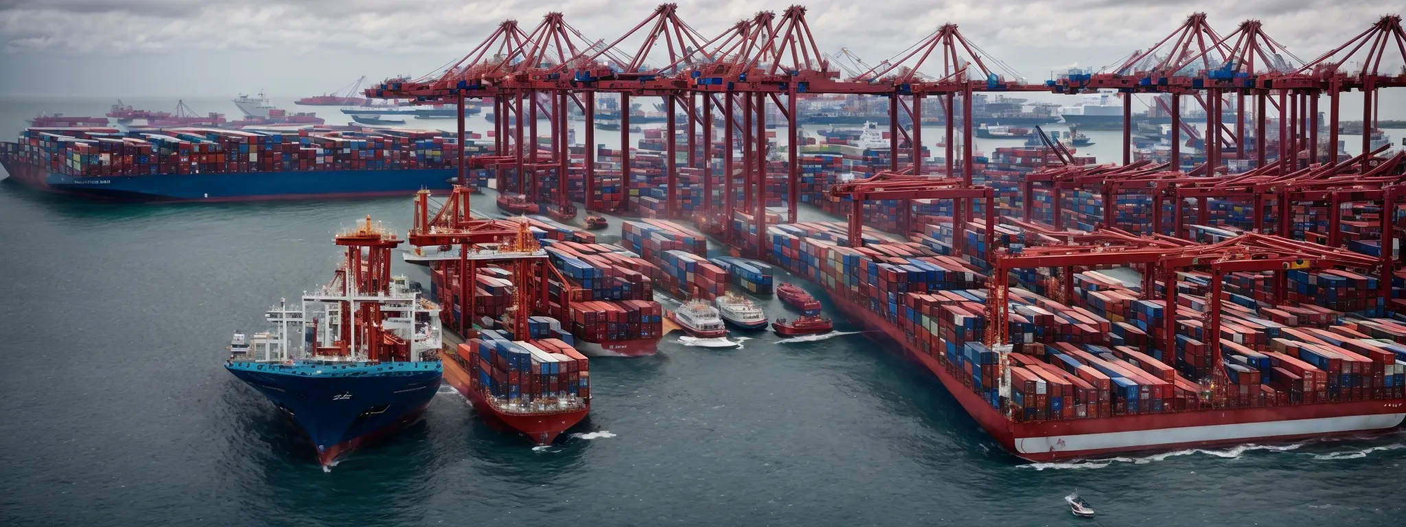 a bustling cargo port with rows of shipping containers and large cranes against a backdrop of the ocean.