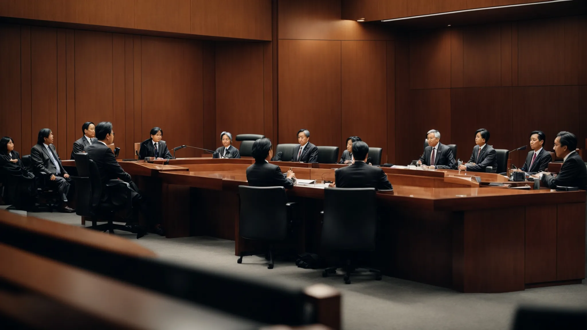a grand, modern courtroom with a diverse panel of arbitrators presiding over a high-stakes international investment dispute.
