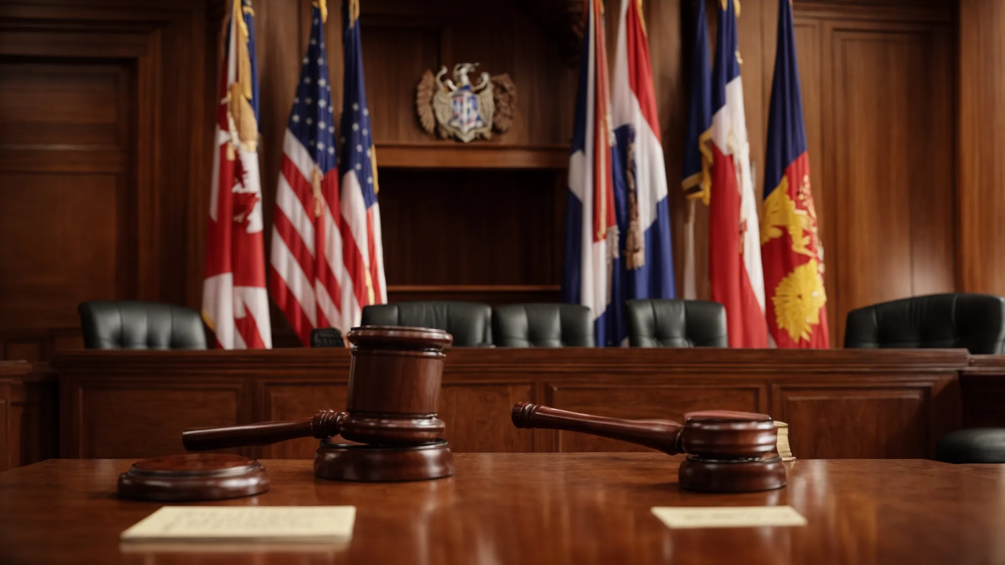 a courtroom with national flags and a gavel, symbolizing the intersection of domestic law and international arbitration. Challenges on Sovereign Immunity