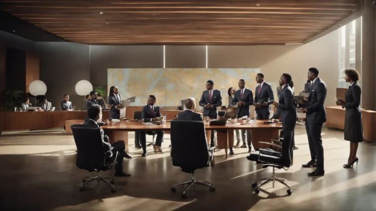 a group of diverse business professionals are gathered around a conference table with a global map and trade documents.
