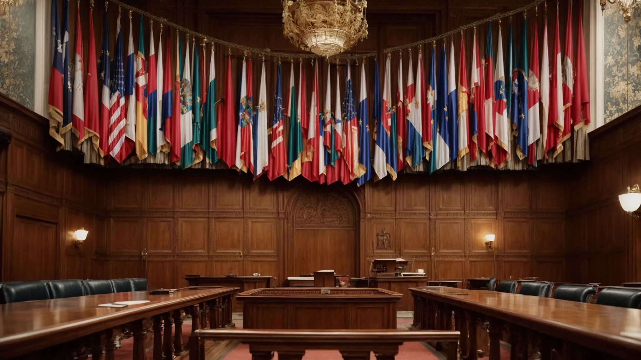 a grand, ornate courtroom with national flags representing various countries.