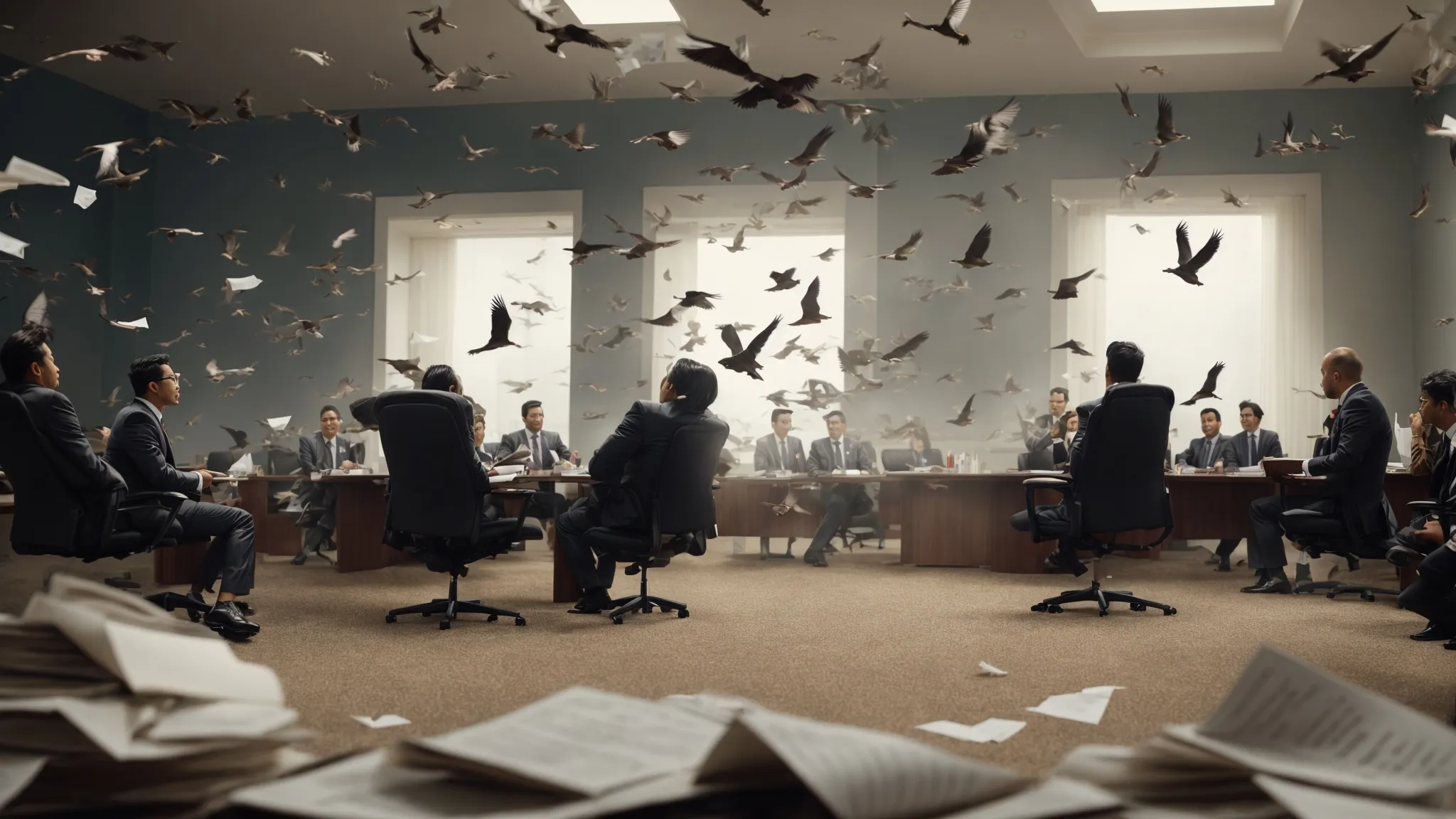 a flock of startled birds taking flight above a disrupted boardroom where scattered papers and unsettled investors suggest a tumultuous meeting.