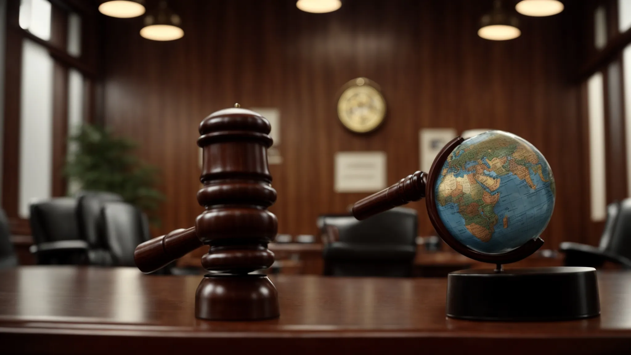 a gavel and globe positioned on a table, set against the backdrop of a negotiation room, symbolizing international arbitration impacting global policies.