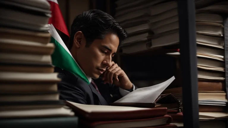 a lawyer thoughtfully examines documents with the mexican flag and a metal briefcase in the background.