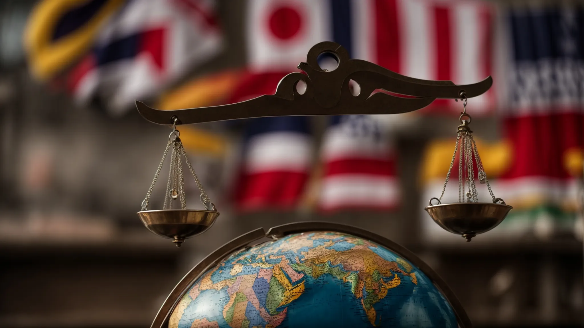 a balanced scale above a globe flanked by flags from various countries.