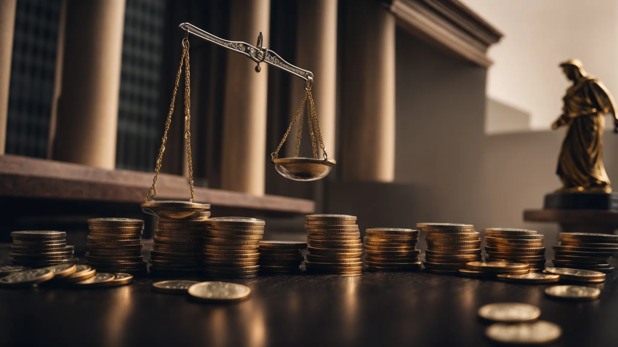 a scale of justice tilts under the weight of stacked coins against a backdrop of government buildings shrouded in shadow. Challenges on Sovereign Immunity.