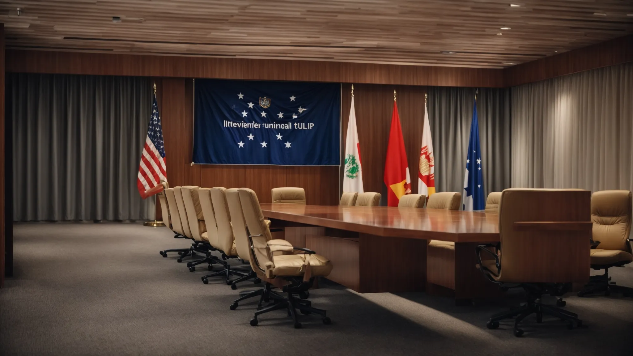 a conference room with international flags where diplomats discuss trade agreements.