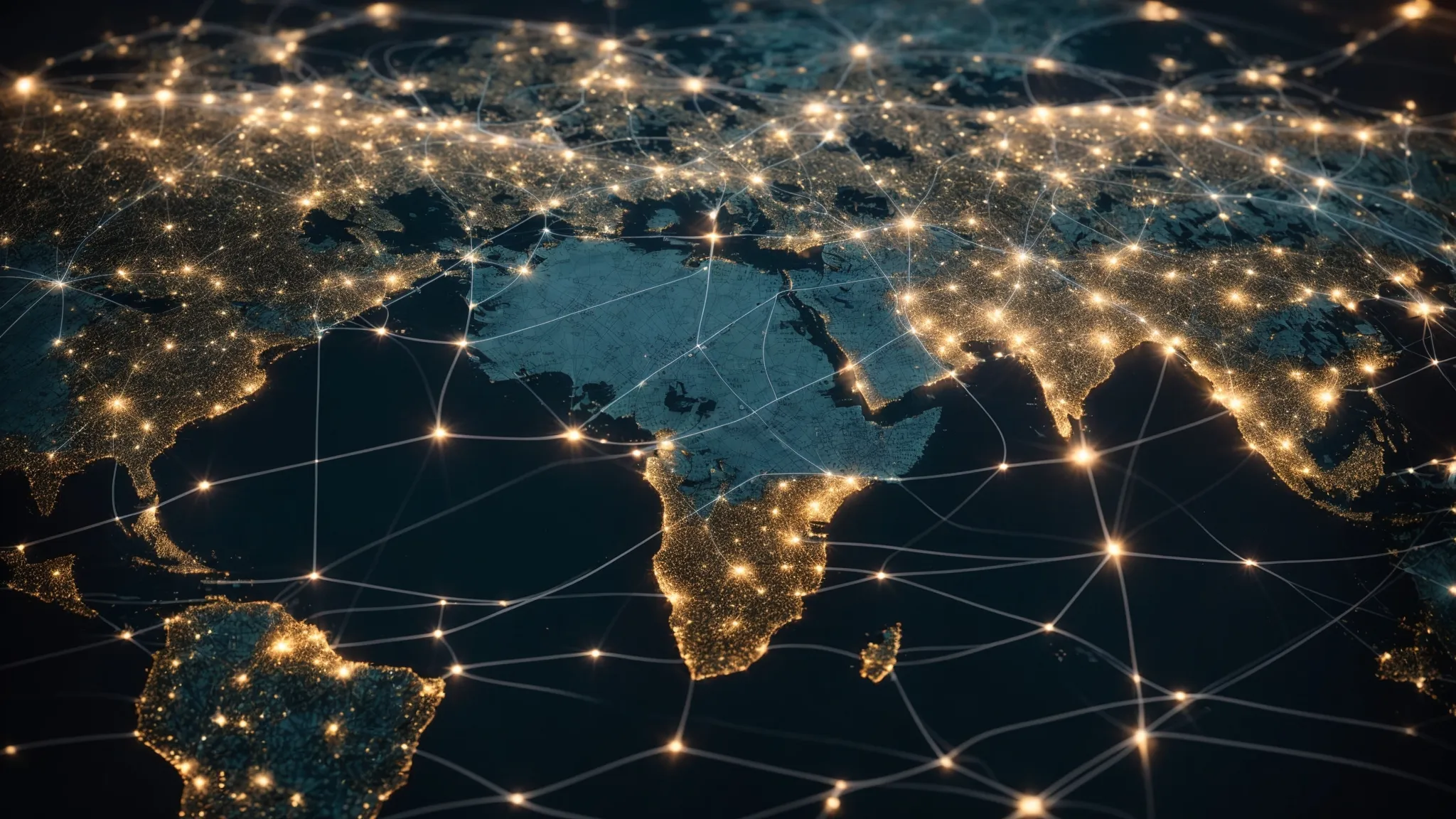 a network of world maps, trade routes, and abstract global connections illustrate the complexity of international commerce.