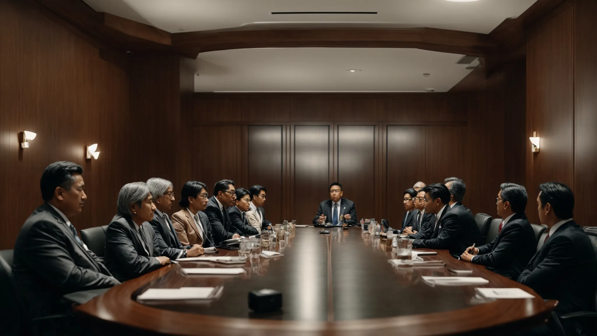 a stern group of professionals convene around a conference table for a formal arbitration hearing.