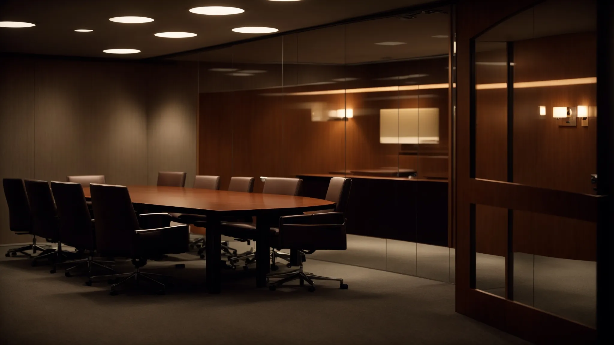 a dimly lit conference room with a closed door suggests a secretive meeting taking place within.