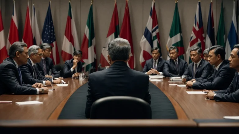 a group of serious-looking people sits around a large conference table, engaged in intense discussion under the flags of different nations.