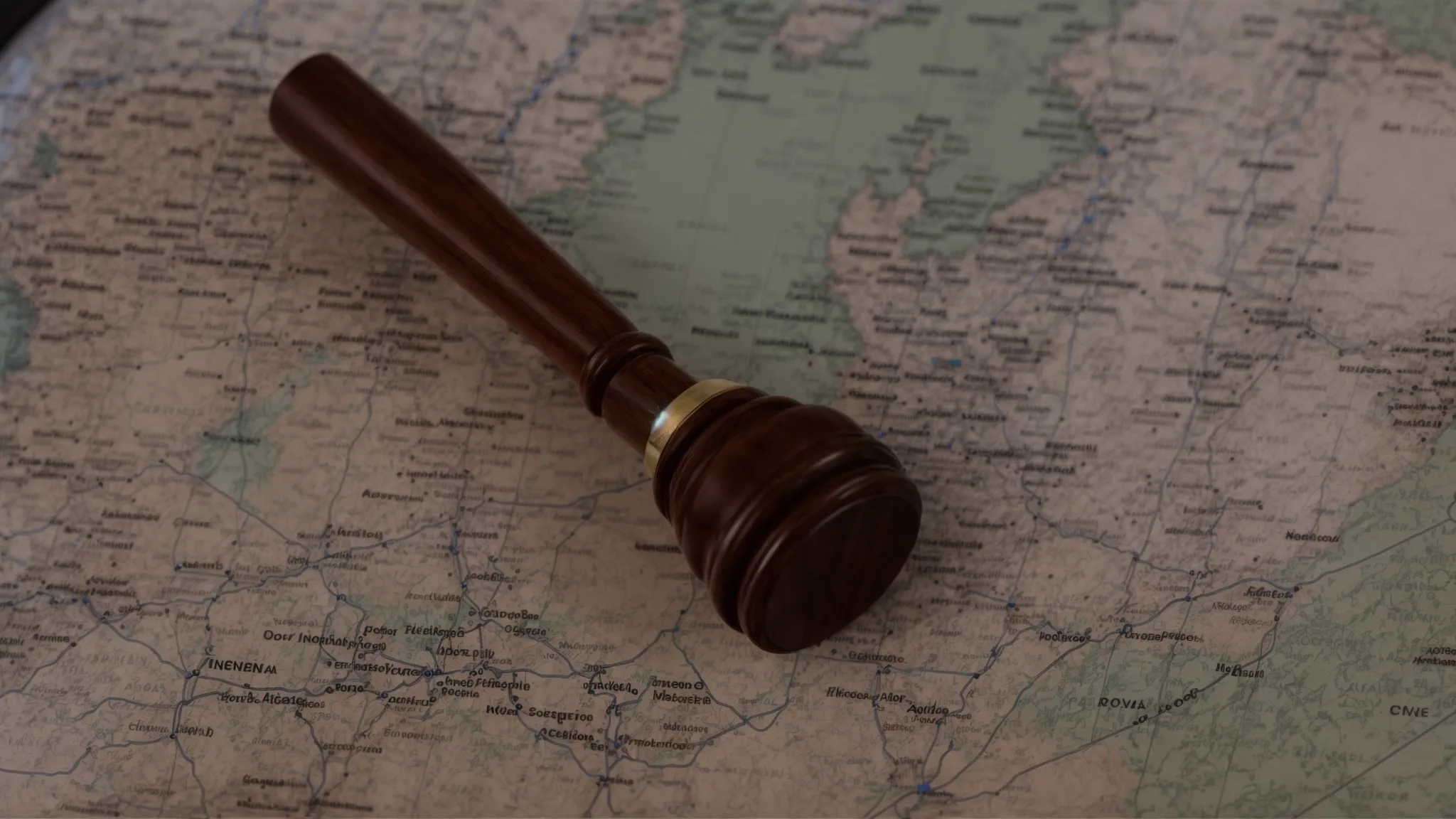 a judge's gavel poised above a map marked with international borders.