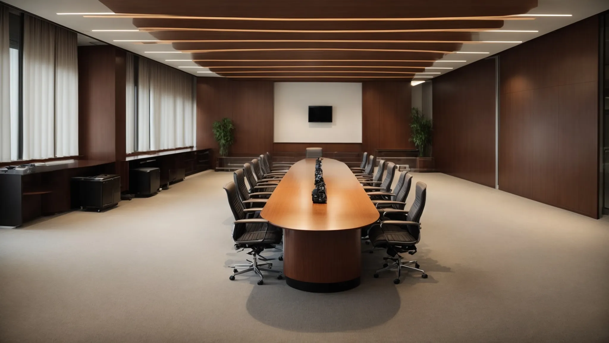 a modern conference room with a large oval table and several empty chairs awaiting delegates for an international arbitration summit.