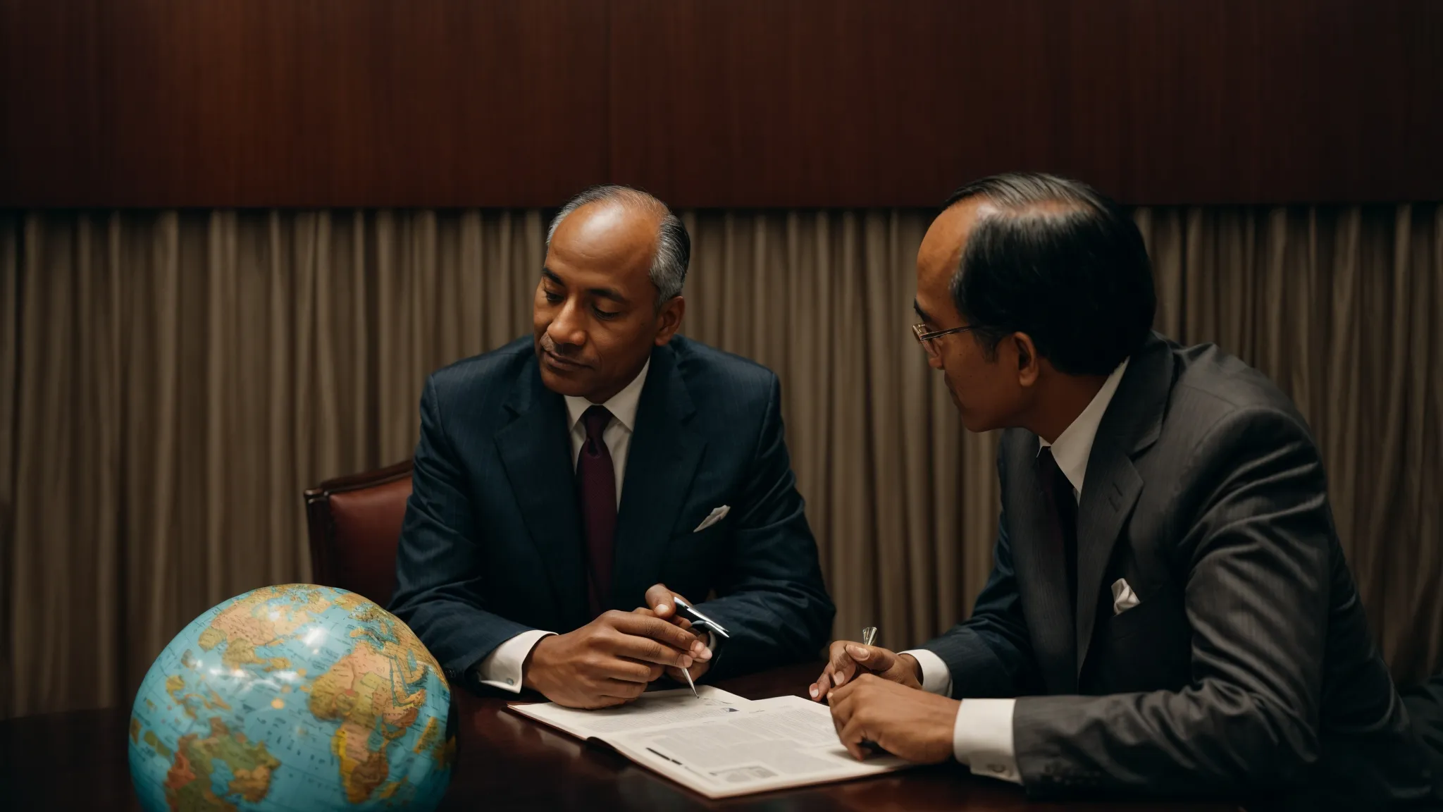 two diplomats seated at a table engaged in a serious discussion with a globe between them.