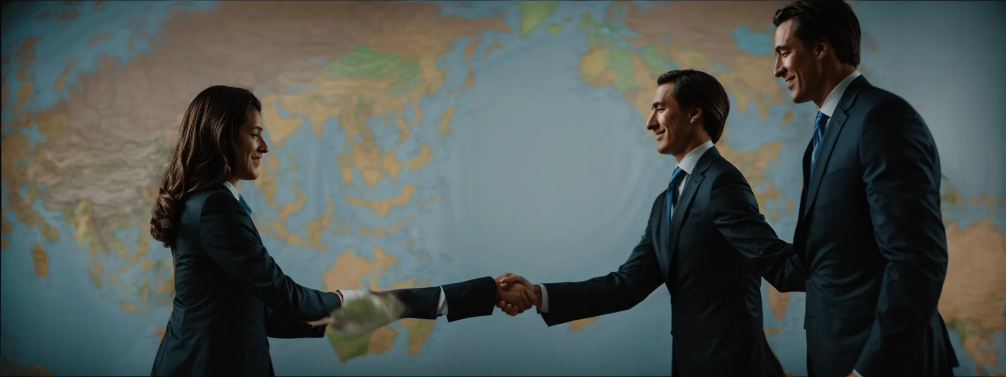 two corporate professionals shaking hands in front of a world map, symbolizing international agreement.