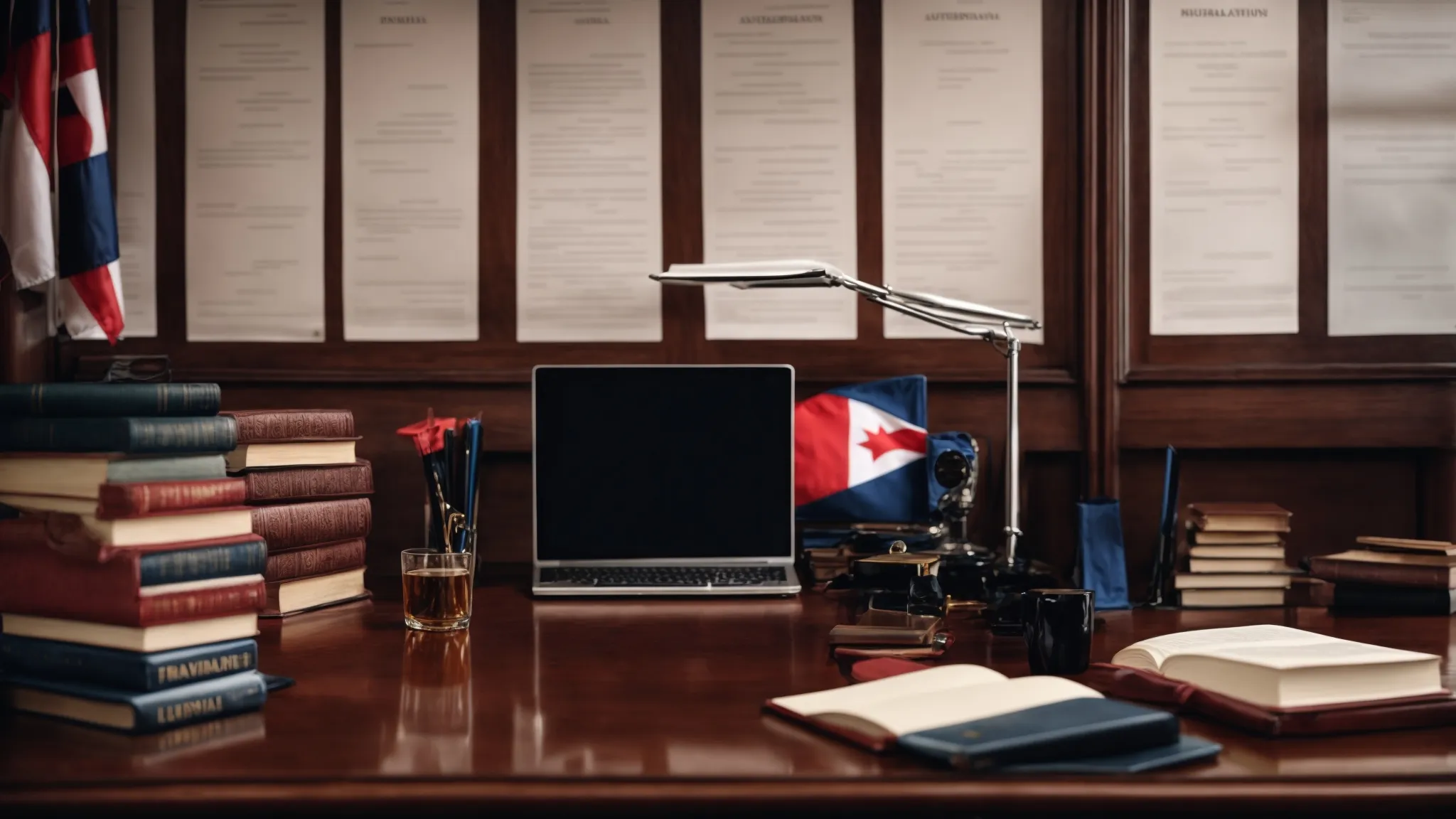 a lawyer's office with international flags, legal books, and a computer, symbolizing the multinational aspect of contract law and arbitration. 