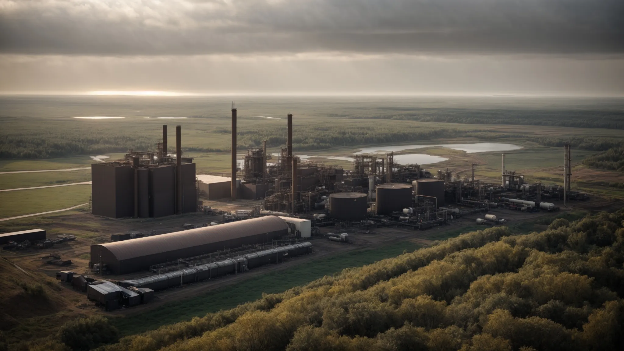 an industrial facility looms at the edge of a vast, untouched natural landscape, embodying the collision of development and environmental protection.