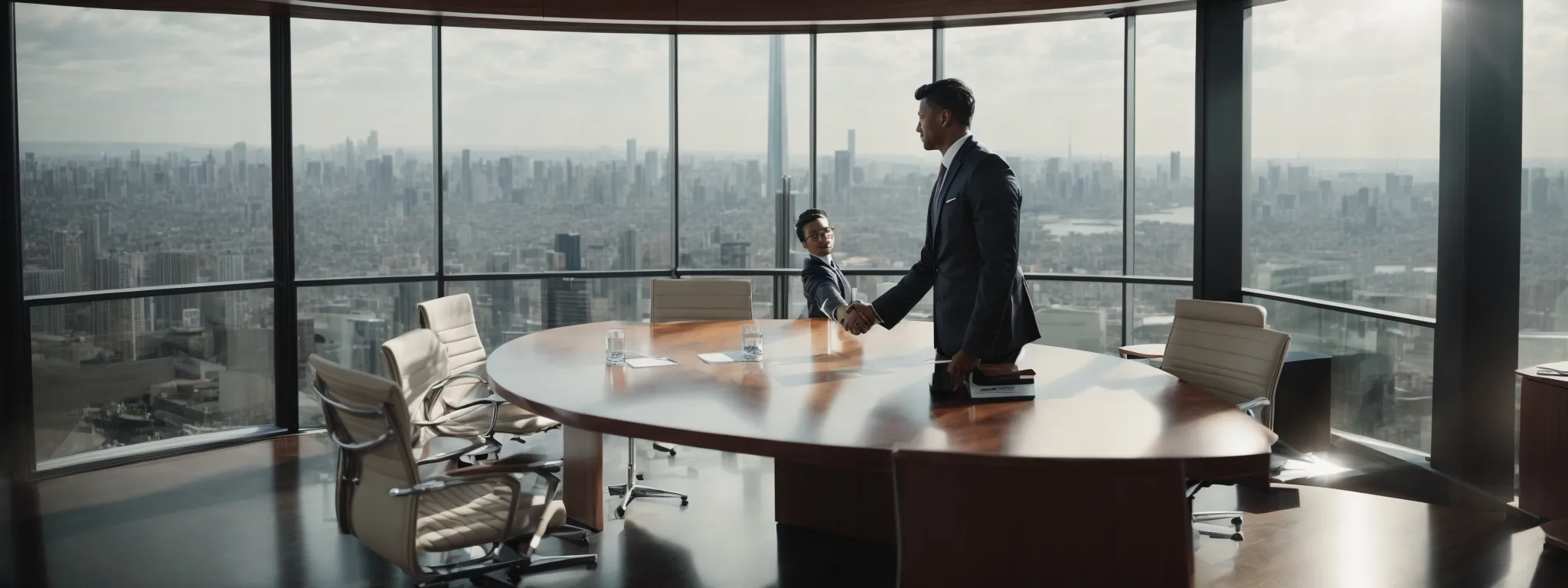 two corporate professionals shake hands in a sleek boardroom overlooking a panoramic cityscape symbolizing an international business agreement.