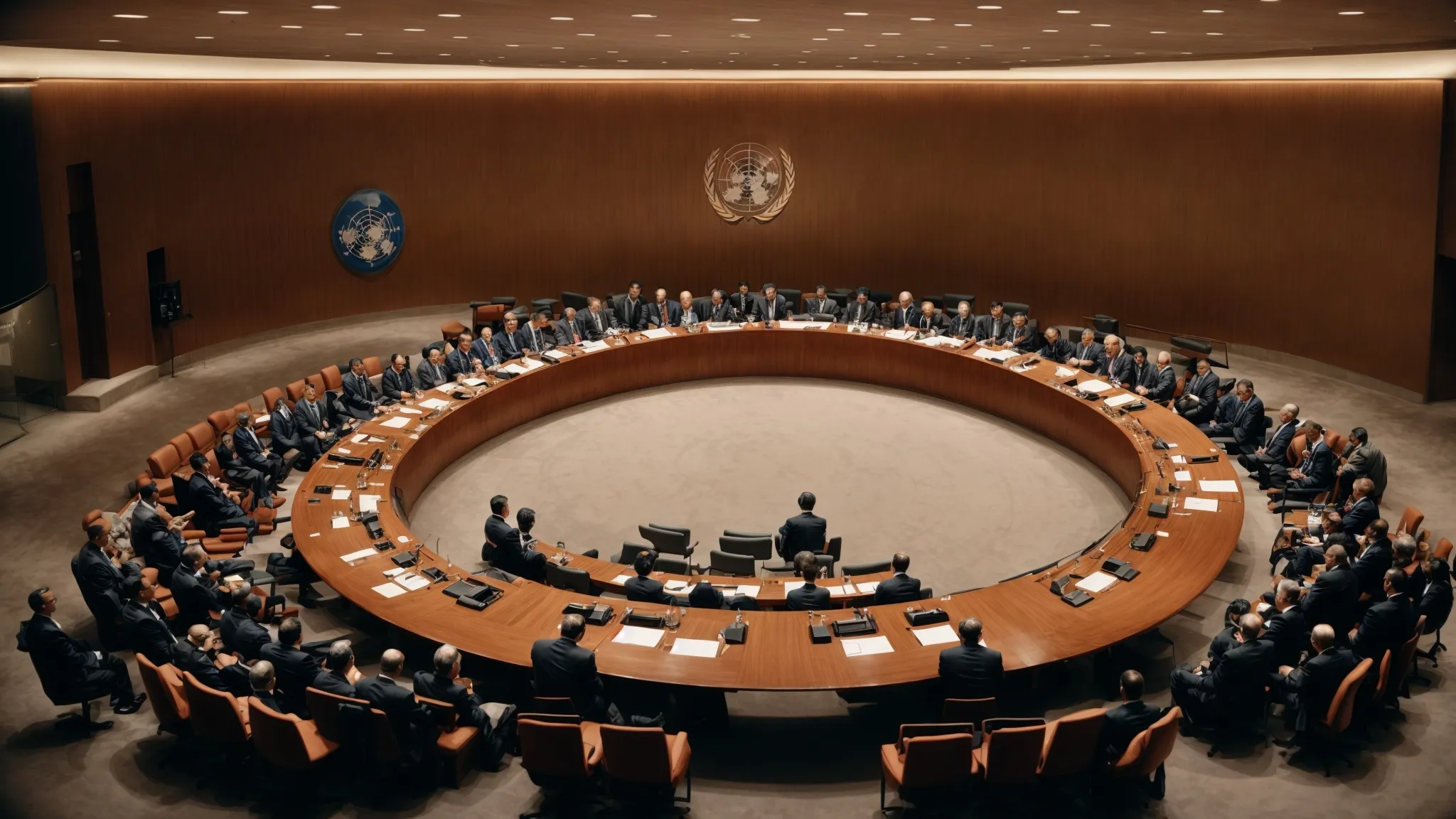 diplomats from various nations gather around a large conference table engaged in a discussion under the emblem of the united nations.