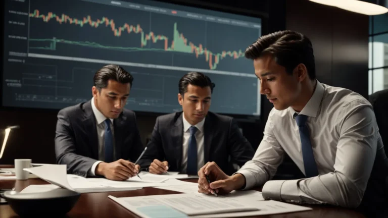 two business professionals discuss paperwork across a conference table with a digital stock chart in the background.