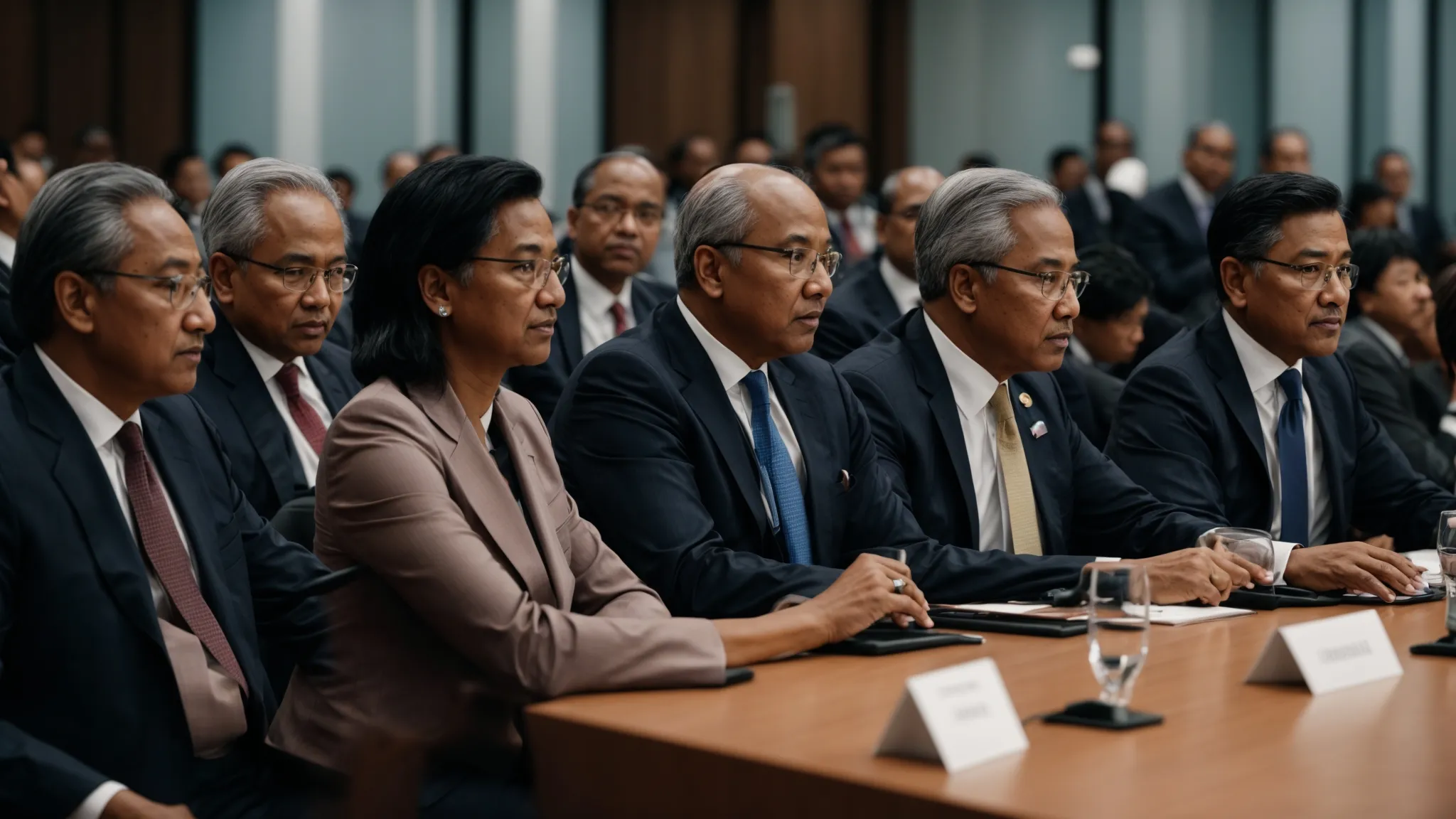 a diverse panel of diplomats negotiating at an international summit.