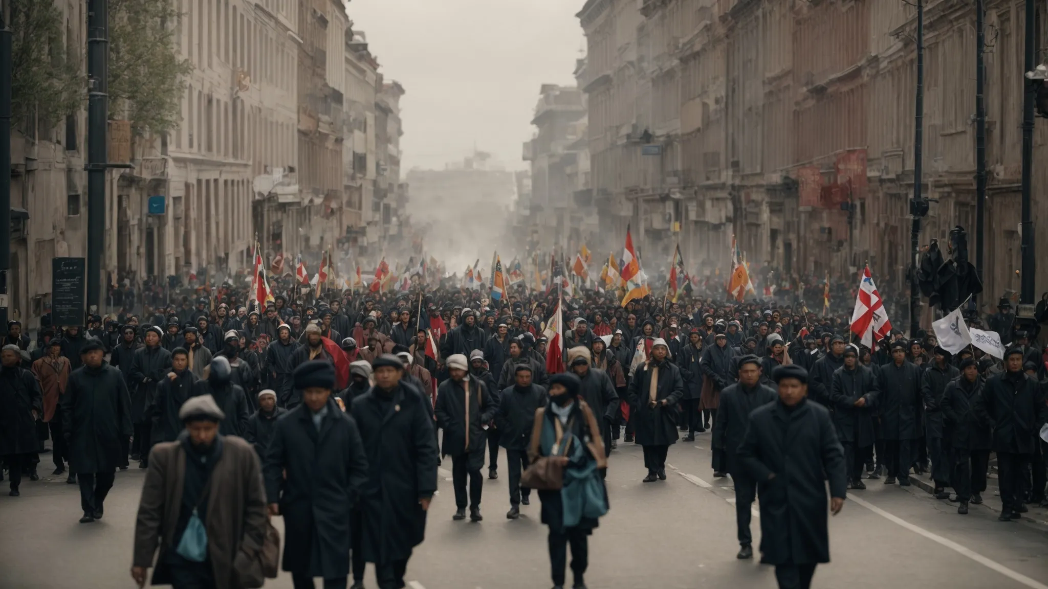 a group of people marches peacefully through the streets in a demonstration for national policy autonomy which causes challenges on sovereignty. 