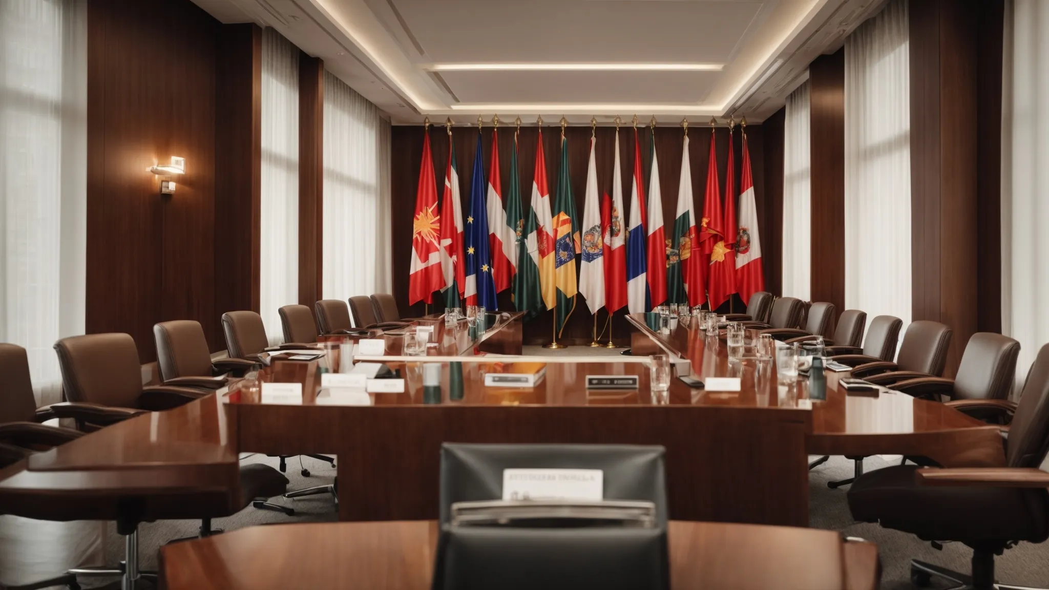a conference room with nation flags signals diplomats discussing the future of international investment arbitration or ISDS Reform. 