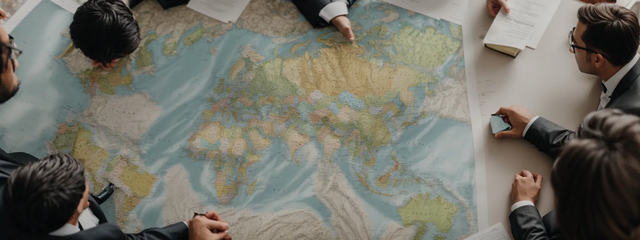 a roundtable discussion with multinational legal experts examining documents and a world map spread out before them.