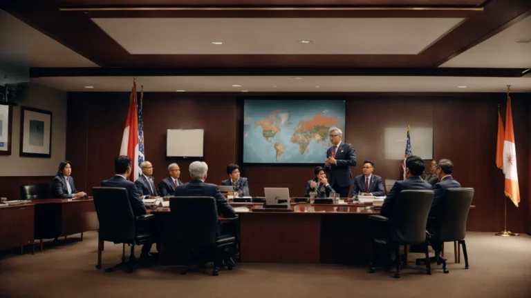 a legal expert presents to a group of government officials in a conference room with country flags and legal books.
